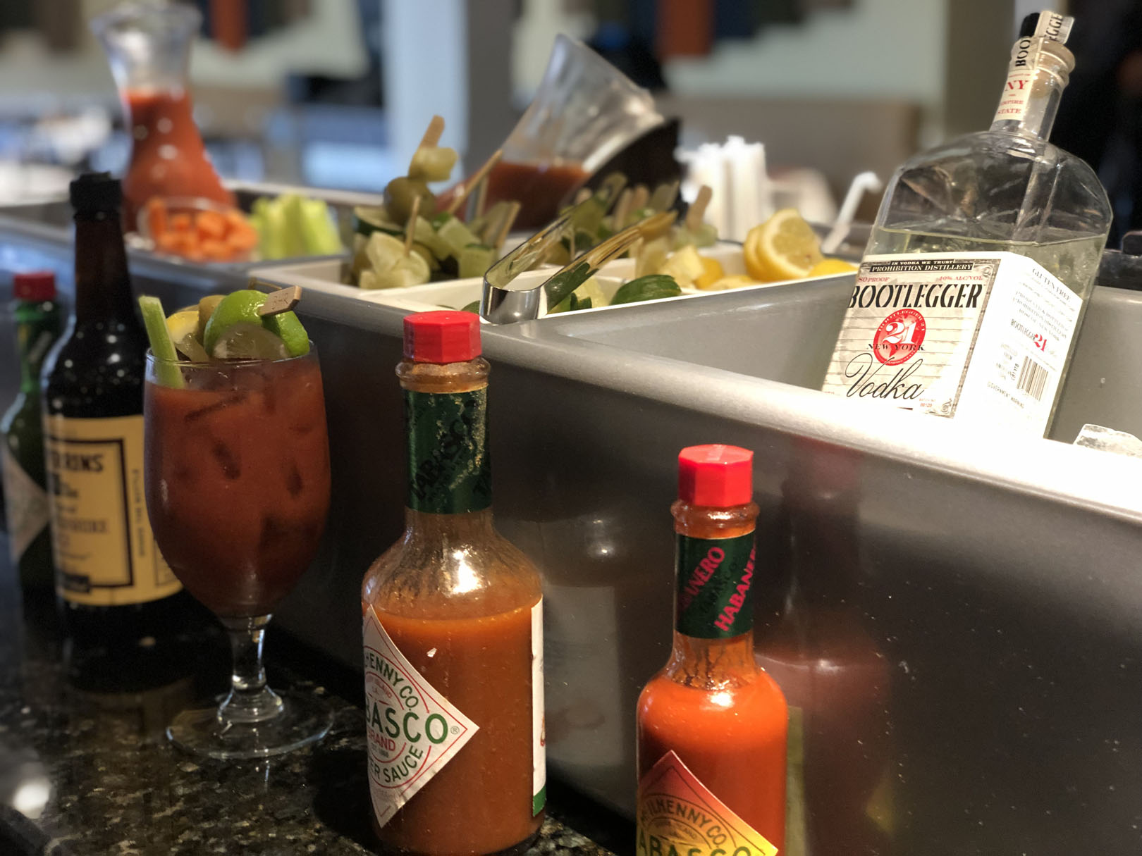 liquor set-up to make bloody mary's